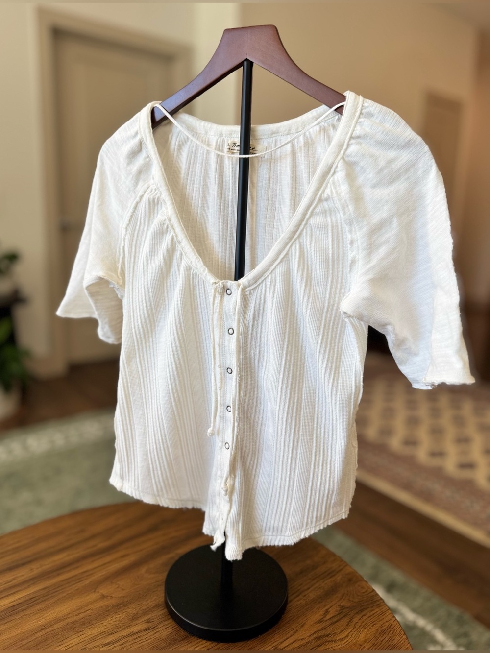We The Free Ivory Ribbed Button-Front Scoop Top